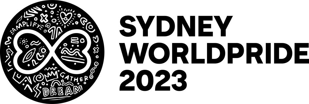 Sydney WorldPride logo for The Coming Back Out Salon, All The Queens Men.