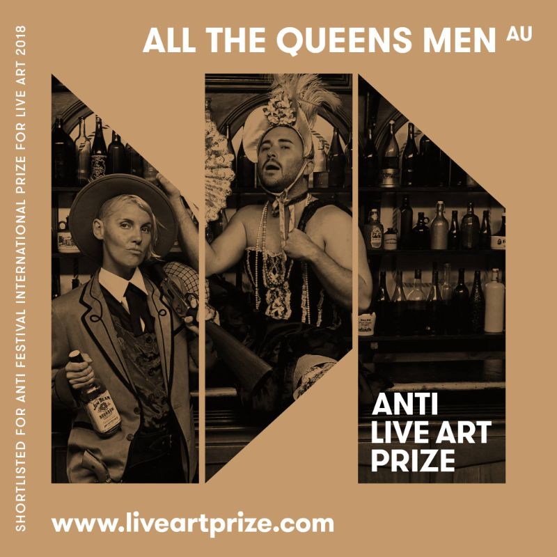 A gold, black and white publicity image for the Anti Live Art Prize featuring Tristan and Bec from All The Queens Men.