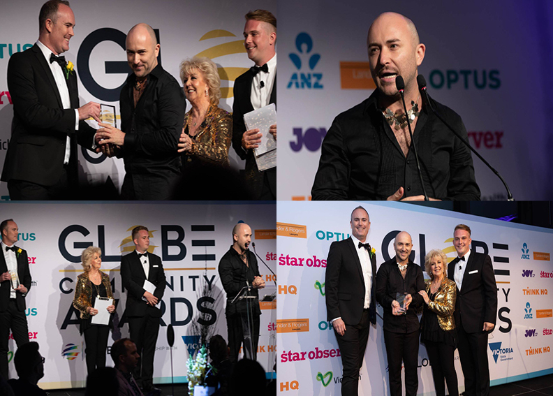 A compiled image of four images from the Globe Community Awards event. Tristan is accepting an award and sharing the stage with three other attendees.