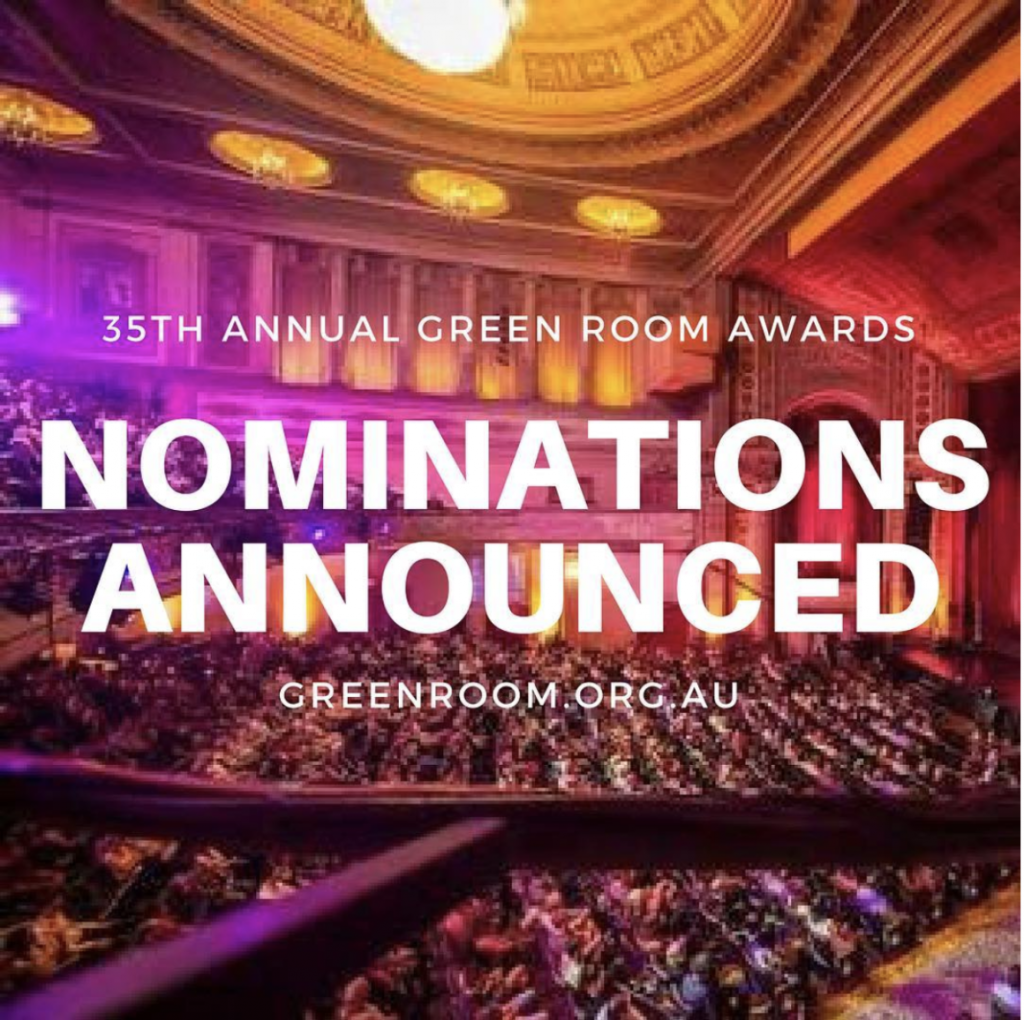 A promotional image for the 35th Annual Green Room Awards featuring a pink and golden lit, large venue with many patrons.