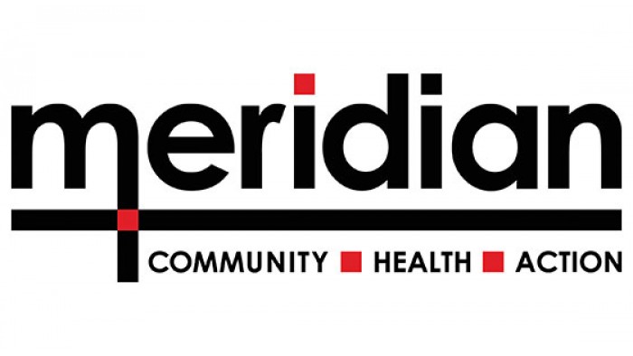 A logo image featuring black and red text of the words Meridian Community Health Action against a white backdrop.