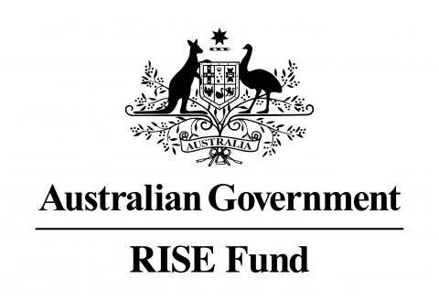 A logo image featuring a black kangaroo and an emu and the words Australian Government RISE FUND in a white background.