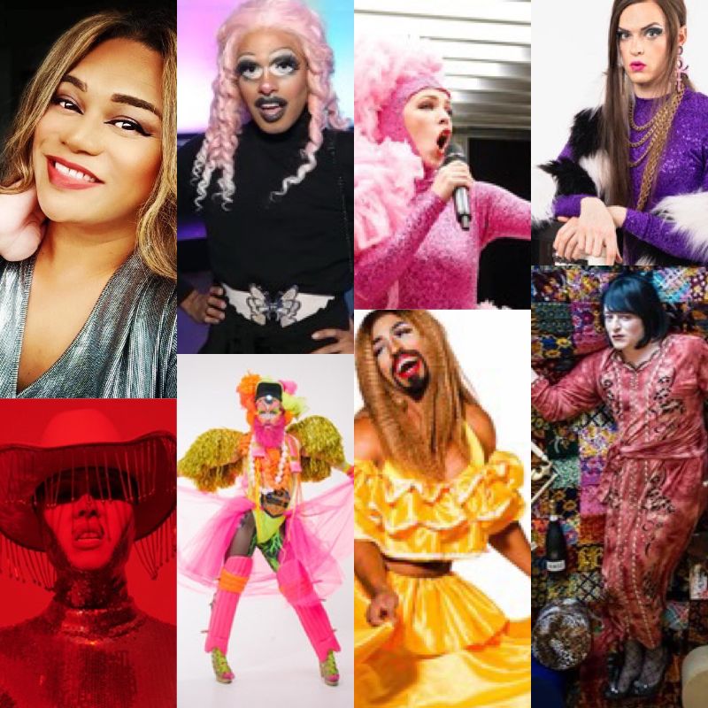 A compiled image featuring eight performing artists. Each image is a single shot featuring a brightly costumed performer.