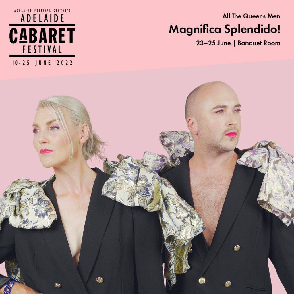 A promotional image for Magnifico Splendido featuring a mid shot two Artists wearing black blazers and large floral shoulder pads against a pink backdrop.